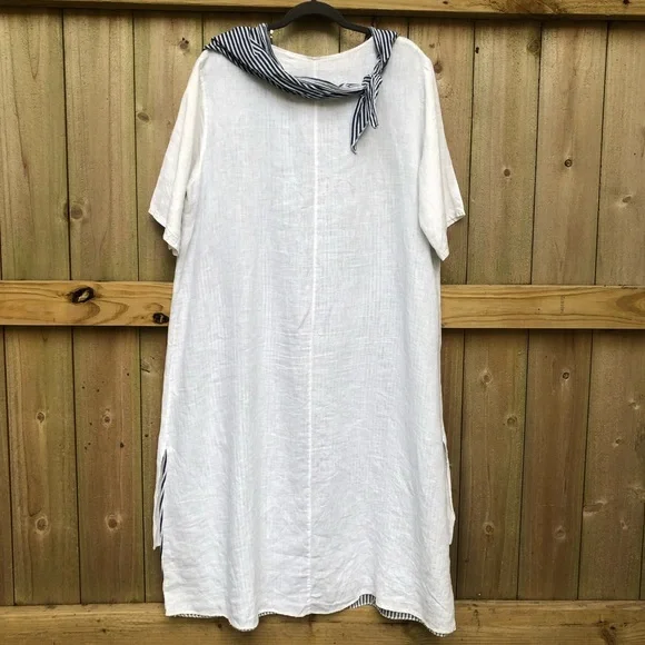 AMO 100% Linen Lagenlook Midi Dress White Navy Stripes Layered Italy with Scarf - Picture 8 of 14